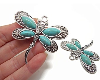 2 Faux Turquoise Dragonfly Pendants, Large Tibetan Silver Style Keyring Charm, Suncatcher or Wall Hanging Charm, 60x53mm, UK Shop