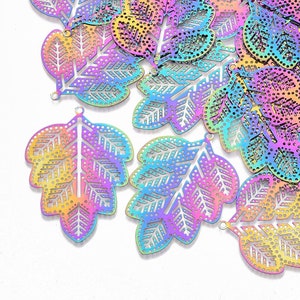 45mm Leaf Pendants in Rainbow Colours, Set of 5, Electroplated Stainless Steel, Filigree Style, Lightweight Findings, UK Shop image 3