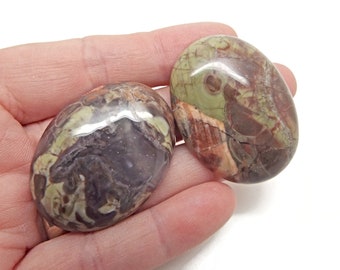 2x Agate Oval Cabochons, 40x30x8.5mm, Natural Multi Coloured, No Hole Jewellery Gemstone in Brown, Green, Orange, Wire Wrap Stone, UK Shop