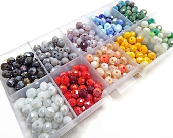 6x4mm Glass Rondelle Beads with AB Coating, Boxed Set of 10 Color Mixes with 1mm Hole, Box of 750, Beaded Jewelry Supplies, UK Shop