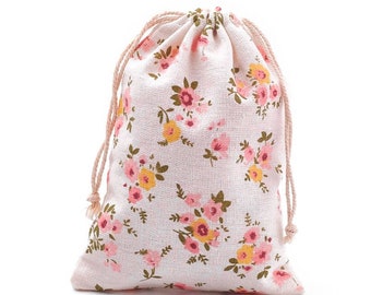 5 Floral Drawstring Gift Bags, 18x13cm, Jewelry Presentation Gift Pouches, Beige and Pink, UK Shop