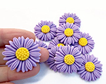 20 Lilac Daisy Cabochons, Flatback Purple & Yellow Flowers, 28mm Resin Cabs, Floral Decoration Accessories for Mixed Media, UK Shop