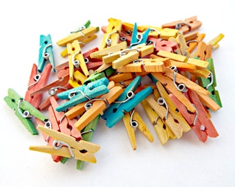 50 Mini Rustic Wooden Pegs, Mixed Colour Clips, 25x9mm Mini Clips, Stationary Craft and Mixed Media Accessories, UK Shop