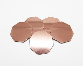 5 Raw Copper Blanks, Octagon No Hole Pendants, 37mm Stamping Blanks, 1mm Thickness, Unfinished Copper, Copper Tags, UK Shop