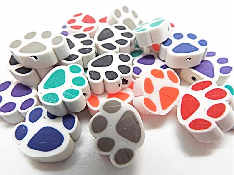 20 Polymer Clay Dog Paw Beads in Mixed Colors Paw Print Beads Etsy