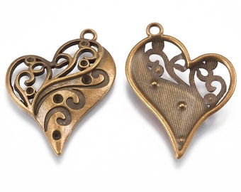 20 Bronze Color Metal Heart Pendant Base, 39x31mm Large Metal Charms, Pendants to Paint, Earring Components, Necklace Making, UK Shop