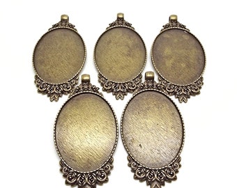 5 Floral Oval Pendant Bezels in Antique Bronze Tone Metal, Rose Decorated for Jewellery Making, 62x32mm, UK Shop