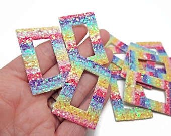 20 Faux Leather Pendants with Rainbow Sequin Glitter, 43x28x2mm Rectangle with Centre Cut-Out, Soft & Flexible, UK Shop