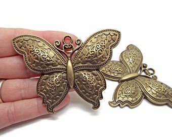2 Antique Bronze Butterfly Pendants for Insect Jewellery, Keyring Making & Bag Charms, 70x52mm, UK Shop