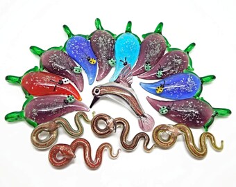 15 Mixed Glass Pendants, Leaf with Ladybird, Humming Bird and Snakes, Bulk Pack, Lampwork Jewelry Pendants, Clearance Stock, UK Shop