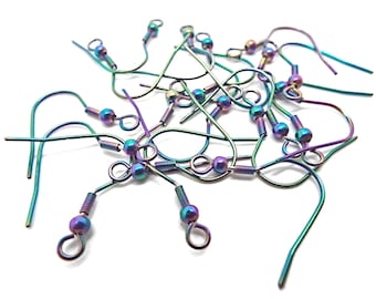Rainbow Ear Wires, Electroplated Stainless Steel, Pack of 20 or 50, Earring Hooks, Ball and Spring, 20mm Fish Hook Wires, Jewellery Findings