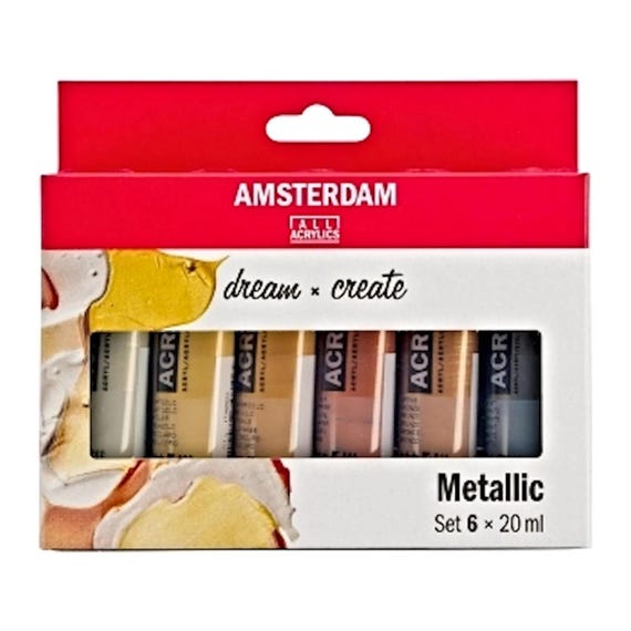 Metallic Paints, Set of 6 x 20ml Royal Talens Acrylic Paints in Silver, Gold Copper, Bronze, Graphite, Gift for a Crafter