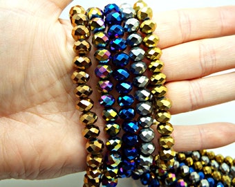 8mm Electroplated Metallic Faceted Beads, Strand of 72 Rondelles, 8x6mm, 5 Colors, Jewelry Making Glass Beads, UK Shop