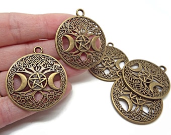 10 Triple Moon Pendants in Antique Bronze, Pentagram Tree Charms, 39x34x2.5mm Hole 3mm, UK Shop