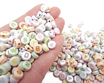 500 Round Letter Beads in Pastels with White Background, 6x3mm with 1mm Hole, Acrylic Jewellery Alphabet Crafts, Random Mix, UK Shop