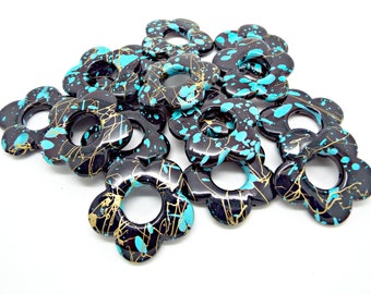 15 Flower Beads, Black Blue & Gold, 33mm Drawbench Beads, Large Flower Shaped Beads, Jewelry Supplies, Acrylic Beads, UK Shop