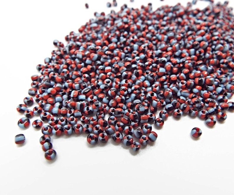 1200 Tri Color Seed Beads, Glass Beads, 20g Blue Red and Black, Size 11/12, 1.5-2mm Seed Beads, Bead Looming, UK Shop image 1