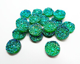 Green Druzy Cabochon, 20 Resin Druzy, Faux Druzy, Round Cabochon, 12mm Druzy, Green and Blue, Flat Back Druzy, UK Seller, Jewelry Supplies