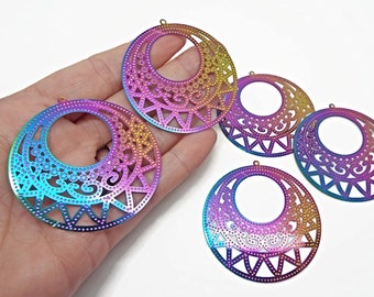 50mm Electroplated Circle Pendants, Stainless Steel Rainbow Pendants, Filigree Style, Lightweight Jewelry, Large Earring Charms, UK Shop