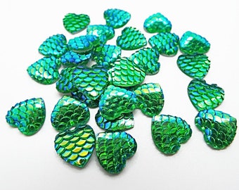 Green Heart Cabochons, Fish Scale, 20 or 50, Resin Heart Flatbacks, 12mm Iridescent Cabochons, Dragon Scale, Papercraft Cabs, UK Shop