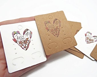 Jewelry Display, 25 Earring Cards, Display Cards, 5x4cm, Heart Design, White or Brown, Earring Display, Follow Your Heart, UK Shop