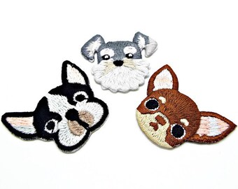 Dog Iron On Applique Patches, Puppy Patch, Chihuahua Schnauzer French Bulldog, Polyester Embroidered Patches, UK Shop