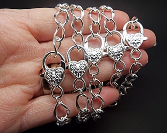 5 Silver Curb Chain Bracelets, 20cm with 12x8mm Link, Large Heart Lobster Clasp, Charm Bracelet Findings, Jewelry Making Blanks, UK Shop