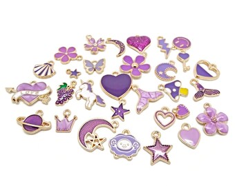 30 Purple Enamel Pendants with Gold Base, 8-32mm Metal Charms, Zinc Based Alloy Jewelry Pendants and Keyring Charms, UK Shop