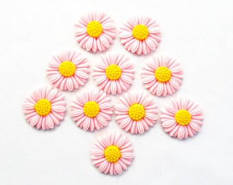 20 Light Pink Daisy Cabochons, Flatback Pink & Yellow Flowers, 28mm Resin Cabs, Floral Decoration Accessories for Mixed Media, UK Shop