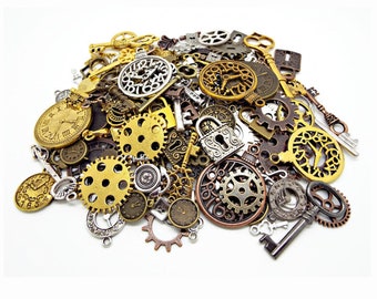 100 Steampunk Charms, Keys and Padlocks, Clocks and Cogs, Metal Charms, Mega Steampunk Pack, Bulk Charms, Steampunk Jewelry, UK Shop