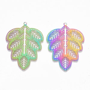 45mm Leaf Pendants in Rainbow Colours, Set of 5, Electroplated Stainless Steel, Filigree Style, Lightweight Findings, UK Shop image 4