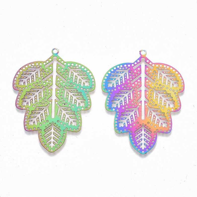 45mm Leaf Pendants in Rainbow Colours, Set of 5, Electroplated Stainless Steel, Filigree Style, Lightweight Findings, UK Shop image 4