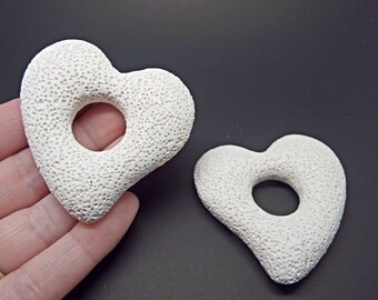 2 Large Lava Rock Heart Pendants in Cream, 55x52mm for Focal Jewellery Making, Cut Out Centre, Volcanic Stone, UK Shop