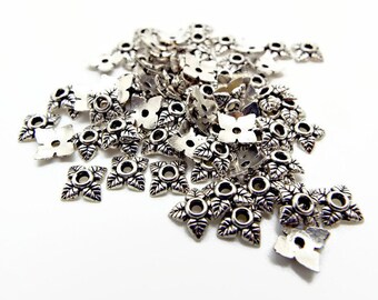 100 Silver Bead Caps, 6mm Leaf Design, Antique Silver, Leaf Bead Caps, Floral Jewelry, Silver Metal Findings, Jewelry Supplies, UK Shop