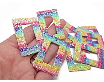 20 Faux Leather Pendants with Rainbow Sequin Glitter, 43x28x2mm Rectangle with Centre Cut-Out, Soft & Flexible, UK Shop