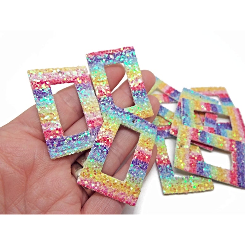 20 Faux Leather Pendants with Rainbow Sequin Glitter, 43x28x2mm Rectangle with Centre Cut-Out, Soft & Flexible, UK Shop image 1