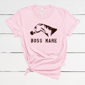 The Boss Mare T-Shirt Unisex Short Sleeve Horse Tee, Equestrian Gift for Women Teen Apparel in Gray Purple Pink Blue Pink