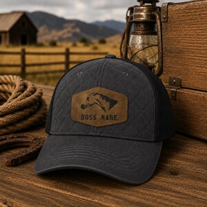 Boss Mare Quilted Hat, Horse Girl Trucker Cap, Equestrian Leather Patch Hat, Riding Barn Gift, Navy Gray Black Farm Cap, Horse Hat Cap