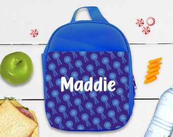 Personalized Insulated Lunch Bag - Blue Ribbon Rosettes - Kids Boys Girls Elementary School Preschool Riding Horse Show Camp Lunchbox Snack