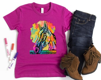 Neon Horse Kids T-Shirt Colorful Artistic Style, Equestrian Clothing, Horseback Riding Clothes Youth Teen Boy Short Sleeve Western Country