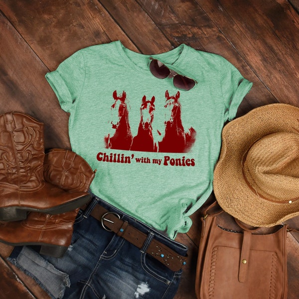 Chillin 'With My Ponies Erwachsene Unisex T-Shirt - Reiter Damen Reiten Bauernhof Western Ranch Life Pferde Kurzarm Grafik T-Shirt