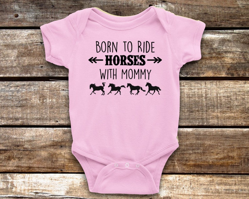 Born to Ride Horses with Mommy Baby Onesie for Equestrian Infant, Pink Short Sleeve