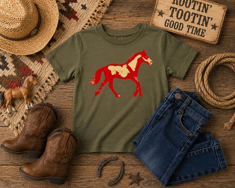 Horse Shirt for Boys Toddler & Youth | Western Cowboy Kids Tee | Equestrian T-Shirt | Pinto Mustang Horse Graphic | Rodeo Shirt Kids image 2