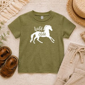 Wild Child Toddler T-Shirt in Olive or Grey Triblend - Boho Chic Equestrian Wild and Free Horse Gift for Kids - Unisex Boys and Girls