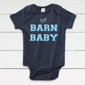 Barn Baby Horse Bodysuit for Boys - Navy Blue Equestrian Baby Clothing for New Baby Shower or Horse Lover Gift