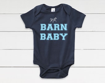 Barn Baby Horse Bodysuit for Boys - Navy Blue Equestrian Baby Clothing for New Baby Shower or Horse Lover Gift