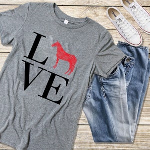 LOVE Horses Equestrian T-Shirt - Comfy Soft Womens Tee, Trainer Gift Horseback Riding English Western Valentine Heart