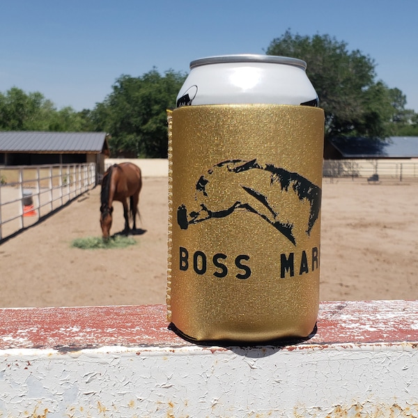 Boss Mare Neoprene Can Holder - Metallic Gold - Angry Mad Horse Equestrian Gift Funny Horseback Riding Gear Trainer Beer Party Favor Drink