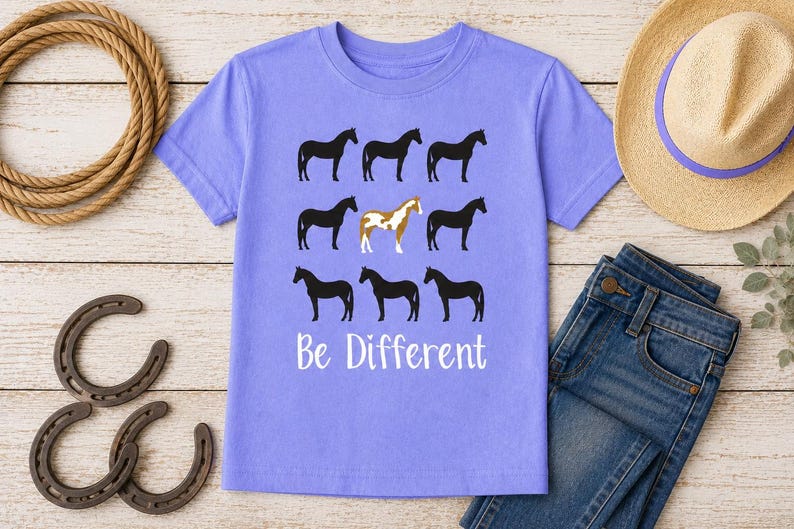 May include: A light purple t-shirt with a horse graphic and the text "Be Different". The graphic features eight black horses and one brown and white horse. A pair of blue jeans and a straw hat are also in the image.