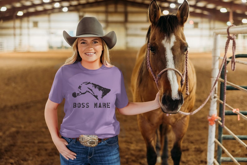 The Boss Mare T-Shirt Unisex Short Sleeve Horse Tee, Equestrian Gift for Women Teen Apparel in Gray Purple Pink Blue Purple